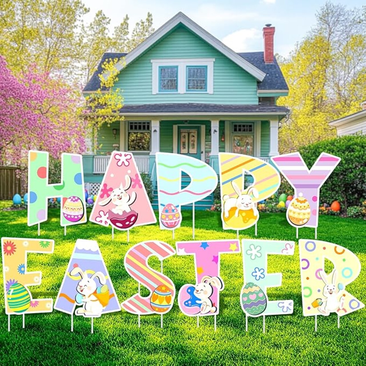 Easter Yard Signs, Happy Easter Bunny Egg Lawn Decorations with Stakes, Waterproof Outdoor Easter Party Decor, Foldable Spring Easter Garden Signs for Yard, Church, and Family Celebrations